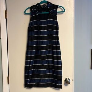 Elegant blue and black and silver striped shiny dress